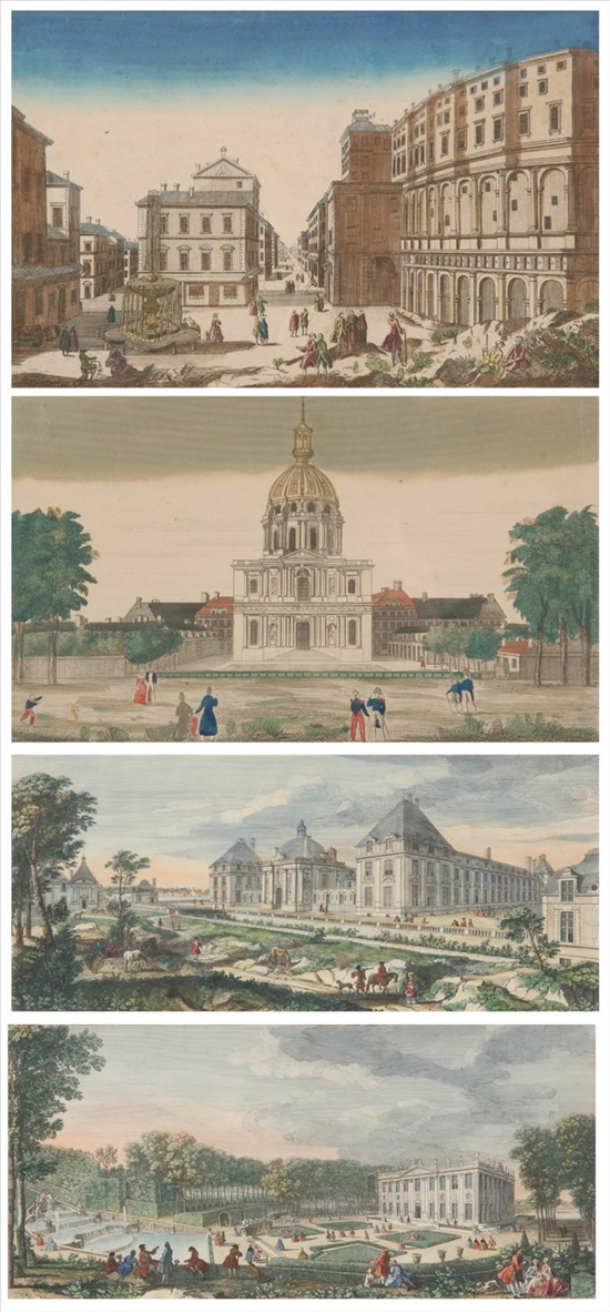 Appraisal: FOUR SCENIC PRINTS th century Two by Rigaud Vue du