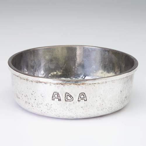 Appraisal: ROYCROFT Hammered silver plated dog bowl with straight sides monogrammed