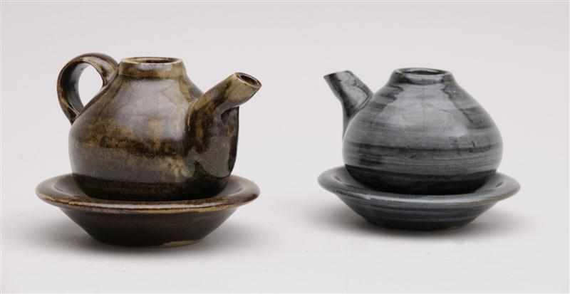 Appraisal: TWO JAPANESE GLAZED STONEWARE POTS AND STANDS ATTRIBUTED TO SHOJI