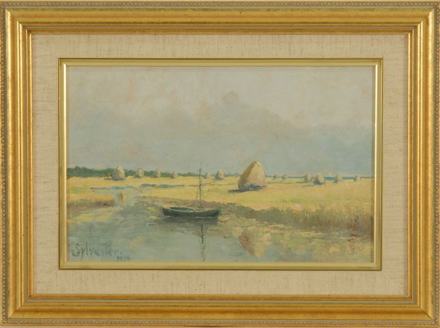 Appraisal: AMERICAN SCHOOLEarly th CenturyMarsh landscape with haystacks Signed and dated