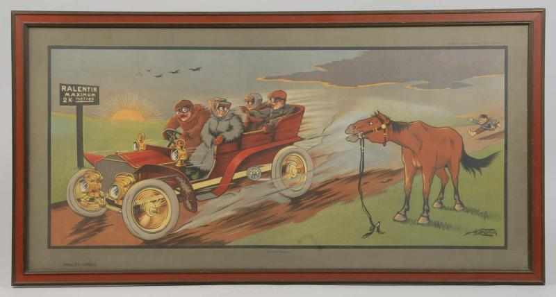 Appraisal: Framed French Molynk Early Automobile Scene Print Description Circa s