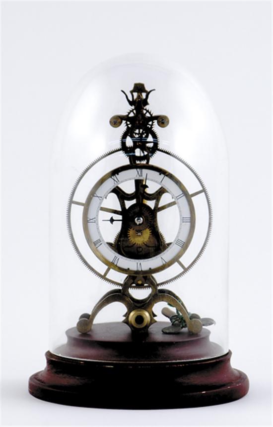 Appraisal: Skeleton clock in glass dome case th century openwork movement