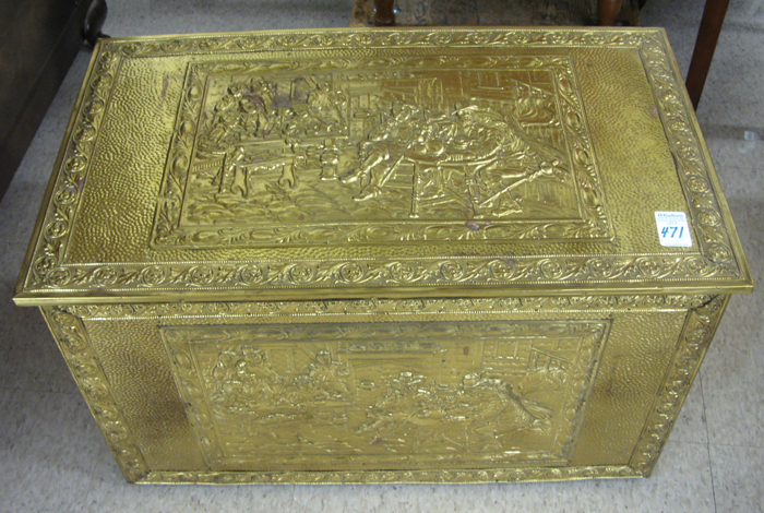 Appraisal: BRASS REPOUSSE AND WOOD LIFT-TOP TOY BOX English th century