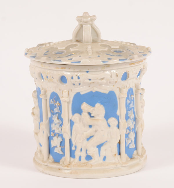 Appraisal: Early Mettlach tobacco jar decorated with scenes of merriment white