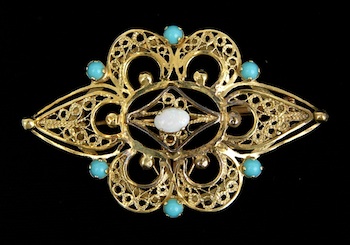 Appraisal: An Antique Style Yellow Gold Filigree Brooch with Opal and