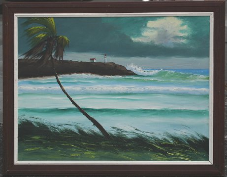 Appraisal: Large Coastal Florida Highwaymen Landscape with Lighthouse OIL Masonite ''