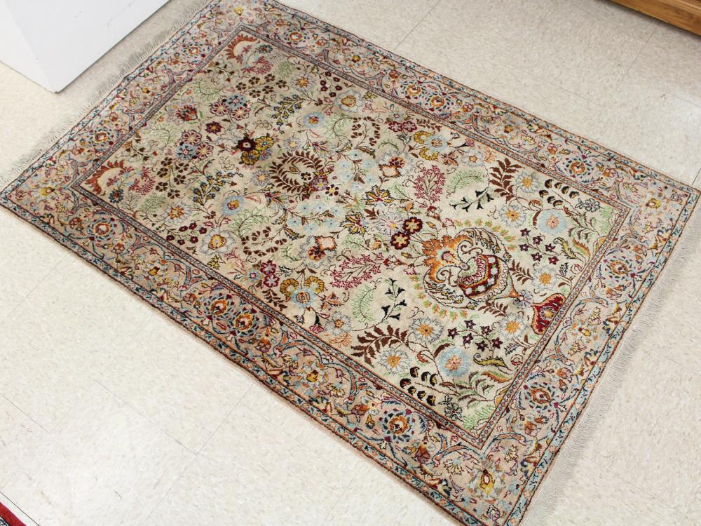 Appraisal: HAND KNOTTED SILK AREA RUG Indo-Persian urn and flowers design