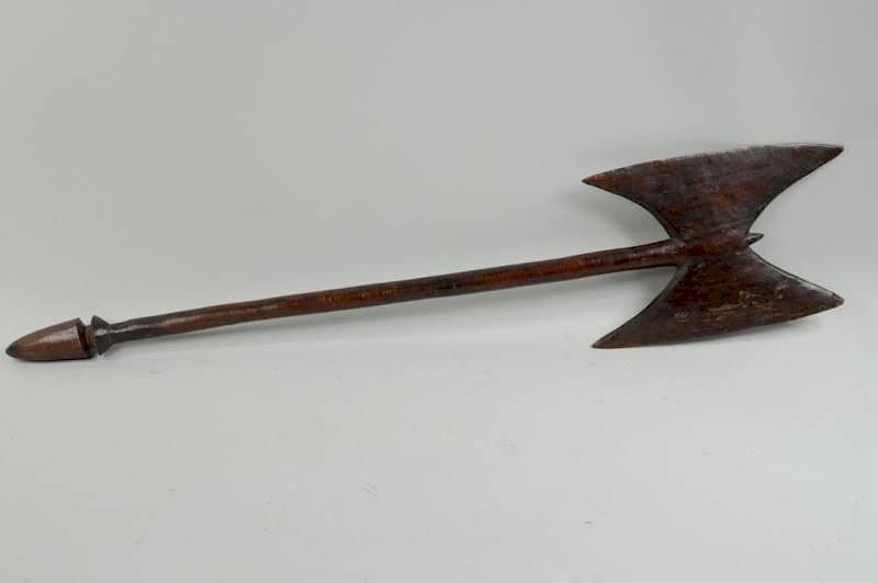 Appraisal: African Carved Wood Axe Form Club African carved wood axe