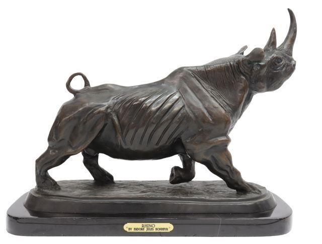 Appraisal: Patinated bronze wildlife sculpture Rhinoceros signed in cast after Bonheur