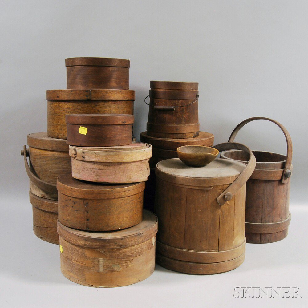 Appraisal: Group of Firkins and Boxes eight covered lapped-seam boxes four