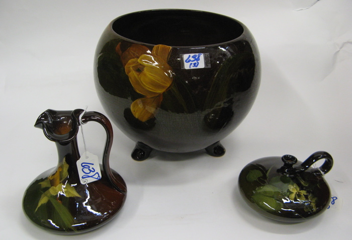 Appraisal: THREE PIECES AMERICAN WELLER STANDARD GLAZE POTTERY all hand painted