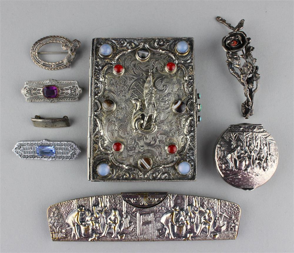 Appraisal: SIAM BOOKCOVER WITH HANDSET STONES DANISH PILLBOX AND COVERED COMB