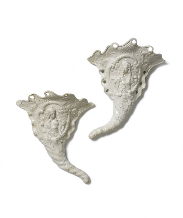 Appraisal: PAIR OF STAFFORDSHIRE SALT-GLAZED WALL POCKETS WITH FIGURAL MEDALLIONS CIRCA