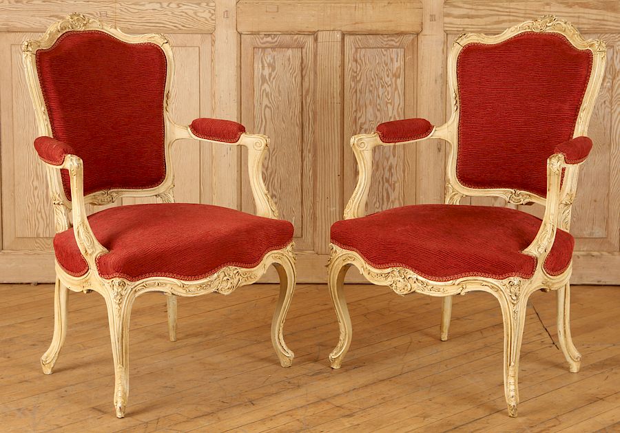 Appraisal: PAIR FRENCH PAINTED FAUTEUILS LOUIS XV STYLE A pair of