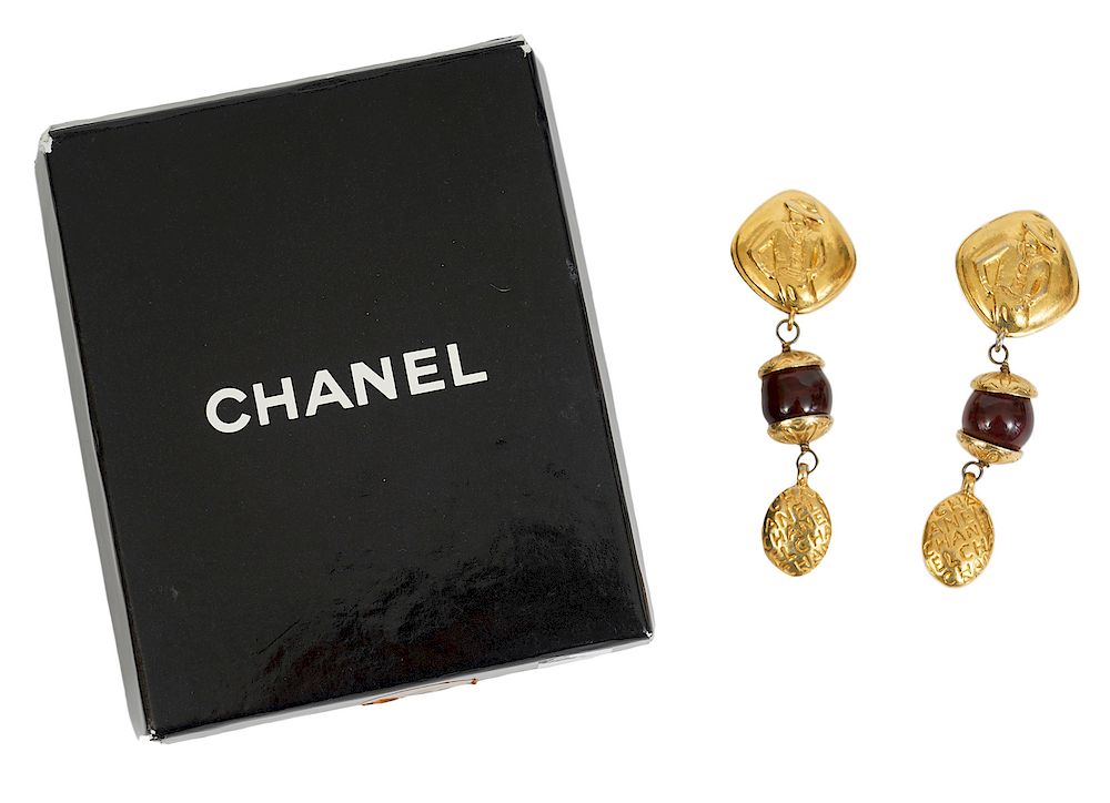 Appraisal: Chanel Gold Mlle Coco Red Gripoix Earrings s Chanel gold