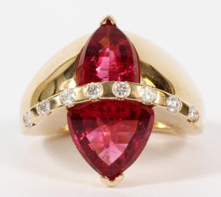 Appraisal: GOLD RING W TWO KITE SHAPED RUBIES DIAMONDS KT GOLD