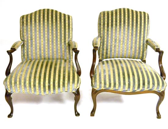 Appraisal: Pair open armchairs mahogany frame blue stripe upholstery epected wear