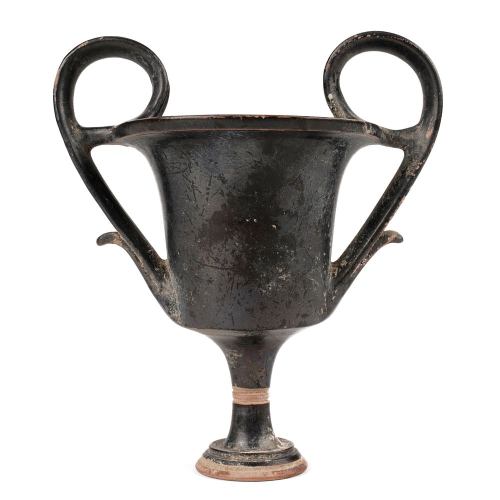 Appraisal: Greek Apulian Blackware Kantharos Greek Apulian blackware kantharos with a