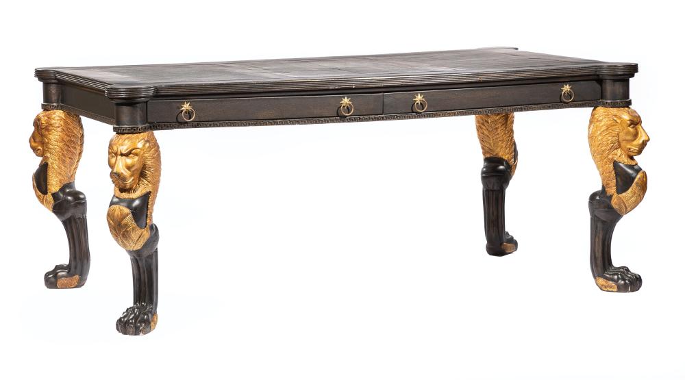 Appraisal: Empire-Style Carved Ebonized and Parcel Gilt Partner's Desk shaped reeded