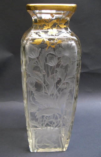 Appraisal: AMERICAN ENGRAVED CLEAR CRYSTAL VASE square form elaborately engraved floral