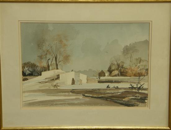 Appraisal: Rowland Hilder - British winter landscape with building and trees