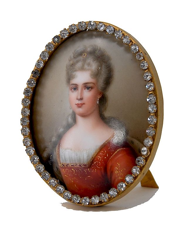 Appraisal: Miniature Porcelain Painting Jeweled Frame Lord Taylor Miniature Porcelain Painting