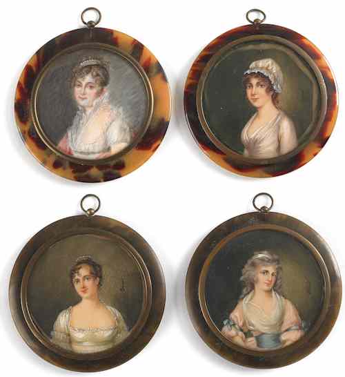 Appraisal: Four Continental miniature watercolor on ivory female portraits ca dia