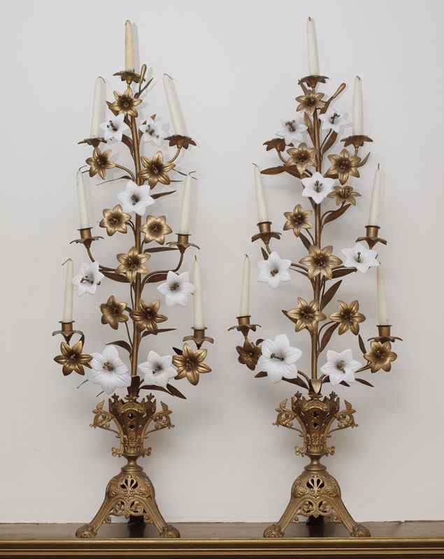 Appraisal: PAIR OF CAST METAL AND GLASS FLORAL SCULPTURES Glass and