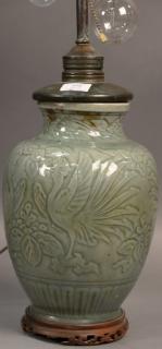 Appraisal: Large celadon glazed porcelain vase with incised peacock and leaf