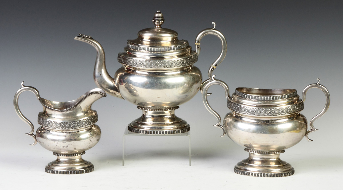 Appraisal: J Stodder NY -Pc Coin Silver Tea Set Hand chased