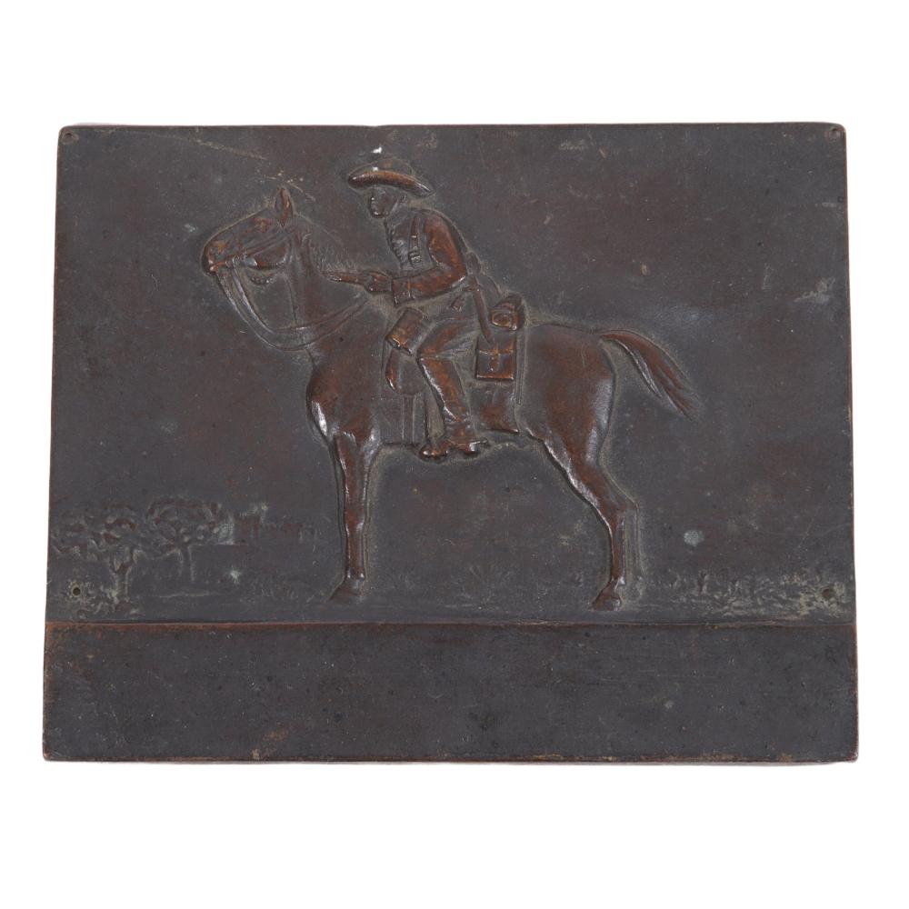 Appraisal: Small bronze relief plaque depicting a cowboy rider on horseback