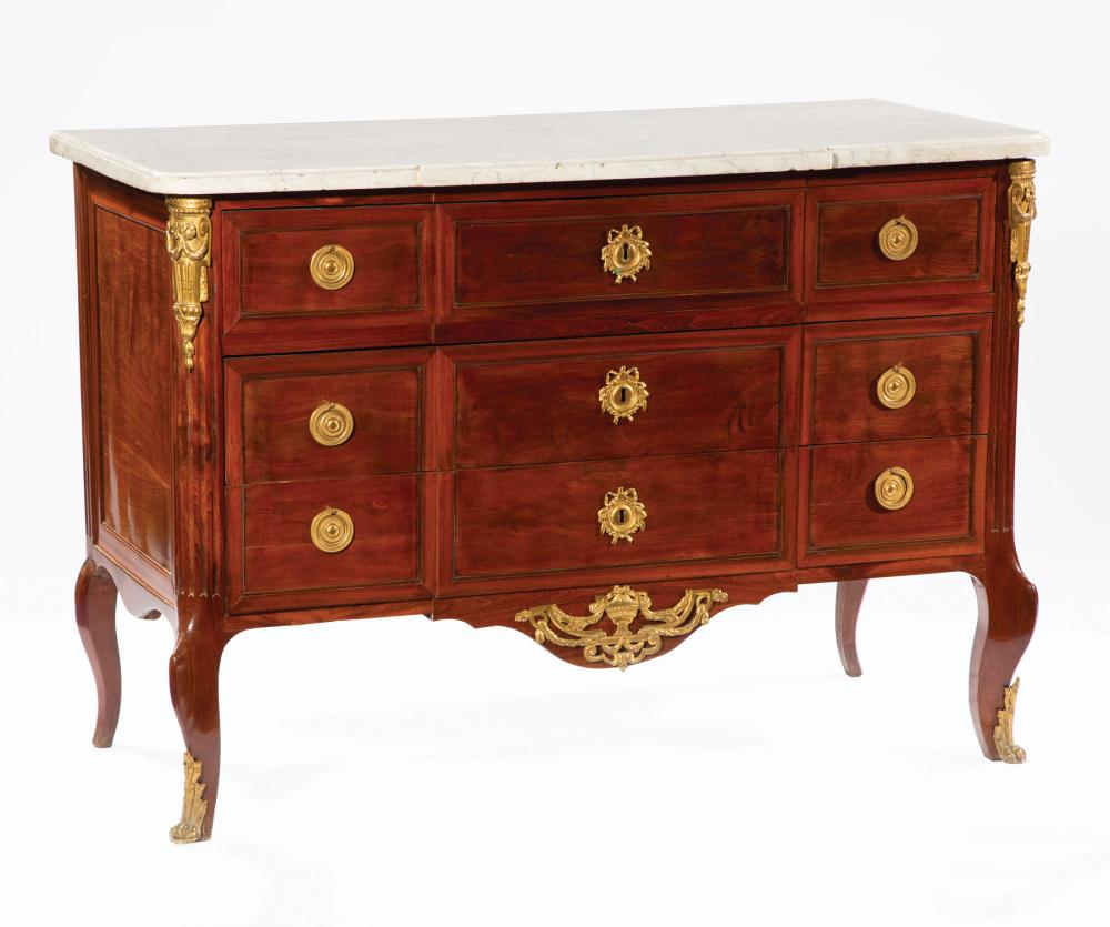 Appraisal: Louis XVI-Style Bronze Mounted-Mahogany Commode th c shaped marble top