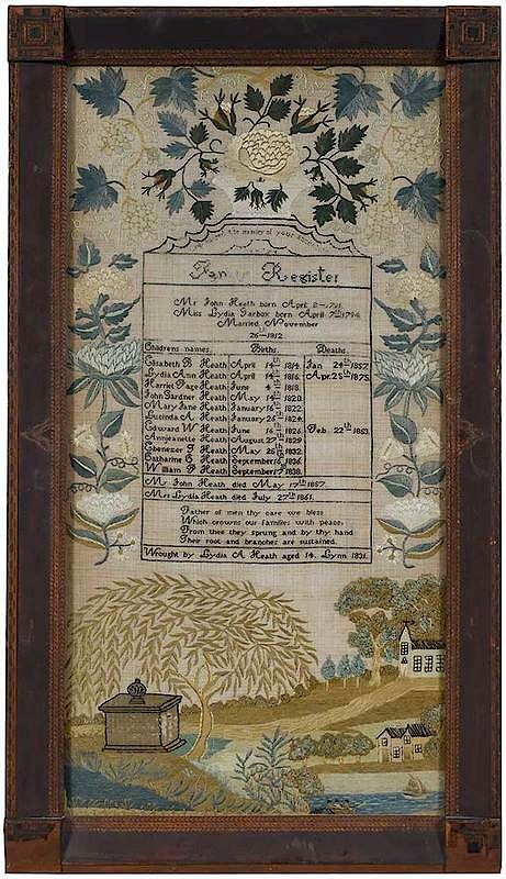 Appraisal: Massachusetts Registry Needlework circa family register for the Heath family