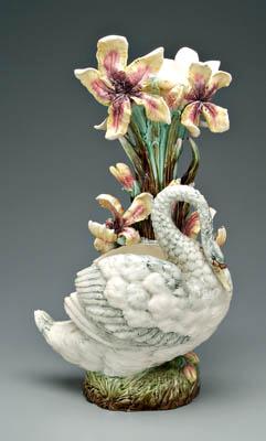 Appraisal: Majolica double vase swan before tall floral vase with iris