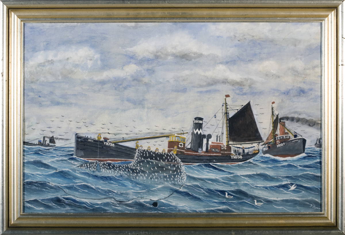 Appraisal: PRIMITIVE WATERCOLOR OF TWO FISHING BOATS WITH FISHERMEN HAULING THEIR