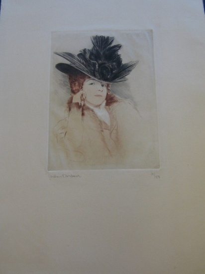 Appraisal: GASTON DARBOUR La Dame au hibou Color drypoint circa x