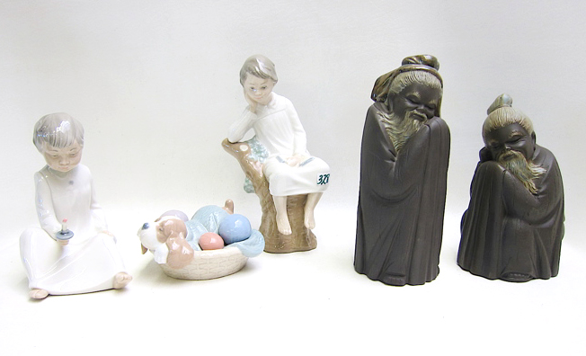 Appraisal: FIVE PORCELAIN FIGURINES three Lladro c - Thinker Little Boy