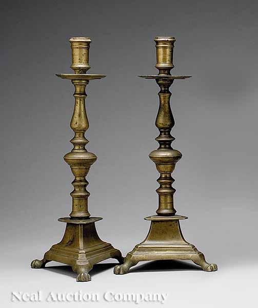 Appraisal: A Pair of Antique Spanish Brass Candlesticks c shallow drip