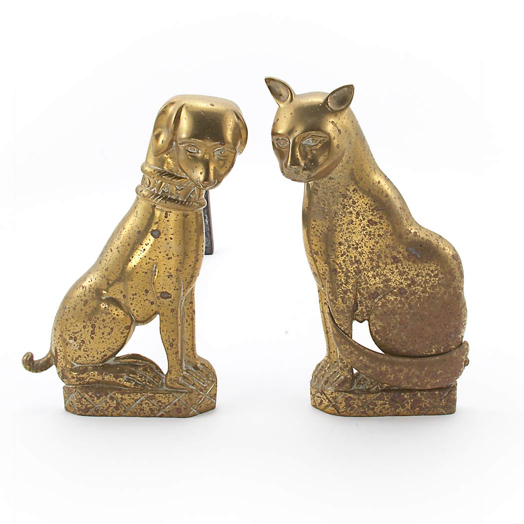 Appraisal: Pair of Brass Cat and Dog Form Andirons