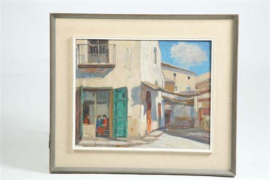 Appraisal: PAINTING OF A STREET CAFE Oil on masonite White washed