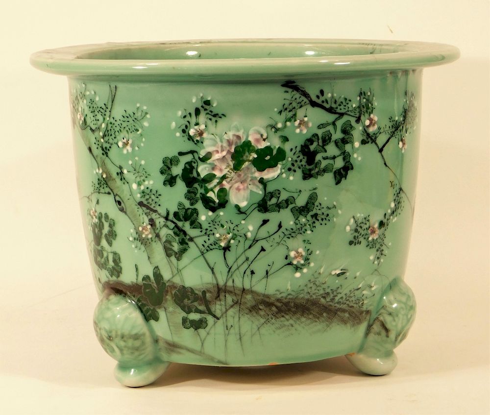 Appraisal: Chinese Celadon Glazed Porcelain Footed Jardiniere China th- th Century