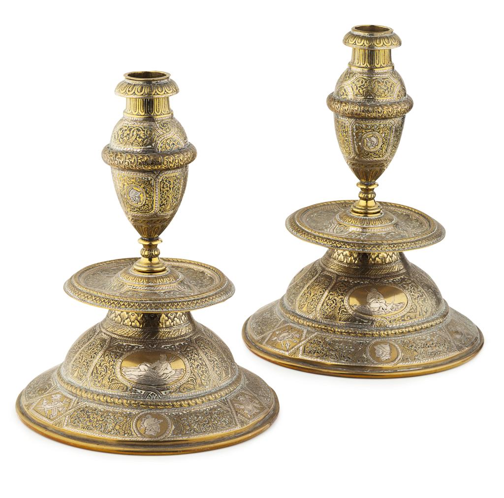 Appraisal: PAIR OF VENETIAN MIXED METAL CANDLESTICKS TH CENTURY in brass