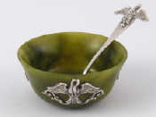 Appraisal: A Russian jade open salt with applied silver motifs of