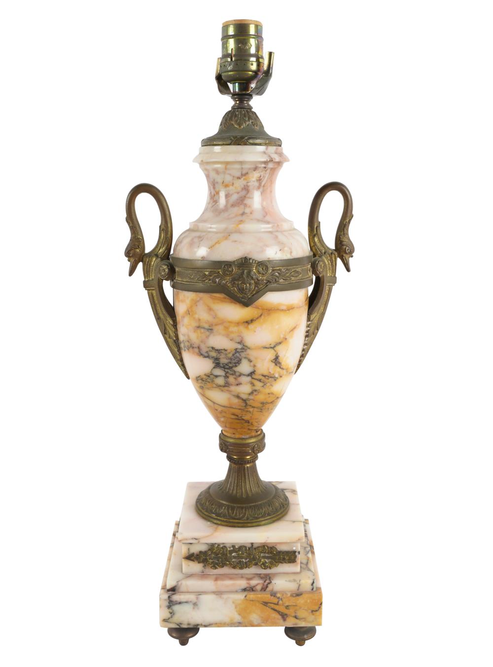 Appraisal: NEOCLASSICAL-STYLE MARBLE TABLE LAMPwith swan-form handles Provenance Estate of Peggy