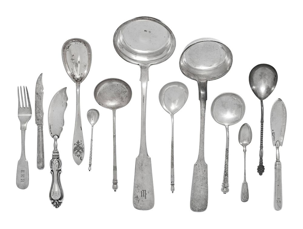 Appraisal: A Large Collection of Russian Silver Flatware Articles A Large