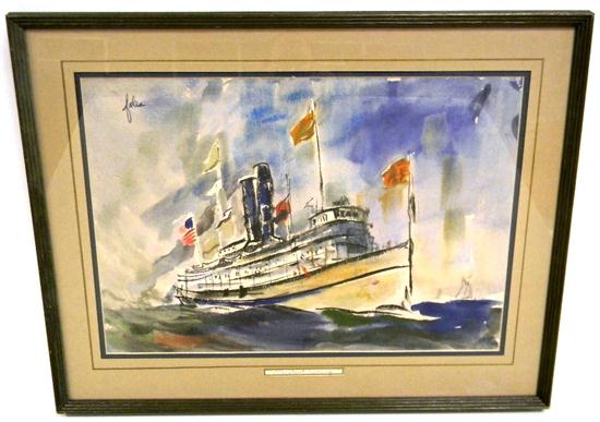 Appraisal: Fales watercolor ''Steamboat Coming'' view of large vessel with two