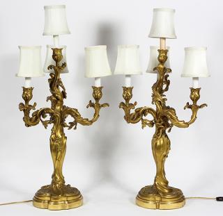 Appraisal: Pair of Art Nouveau hand-chased dore bronze candelabra executed by