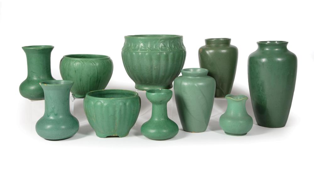 Appraisal: Group of Zanesville Matte Green Art Pottery c s inscribed