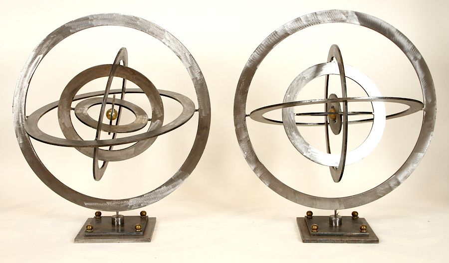 Appraisal: PAIR BRONZE STEEL ASTROLAB KINETIC SCULPTURES A pair of bronze