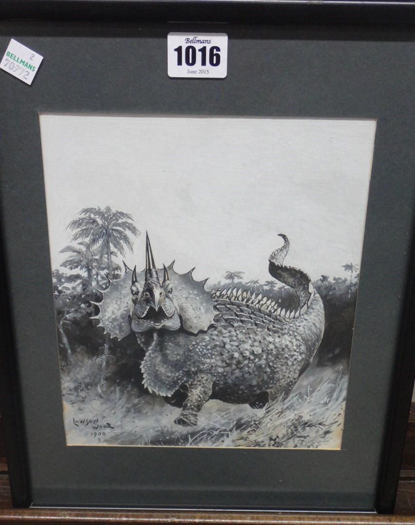 Appraisal: Lawson Wood - Dinosaurs and pre-historic animals three monochrome gouache